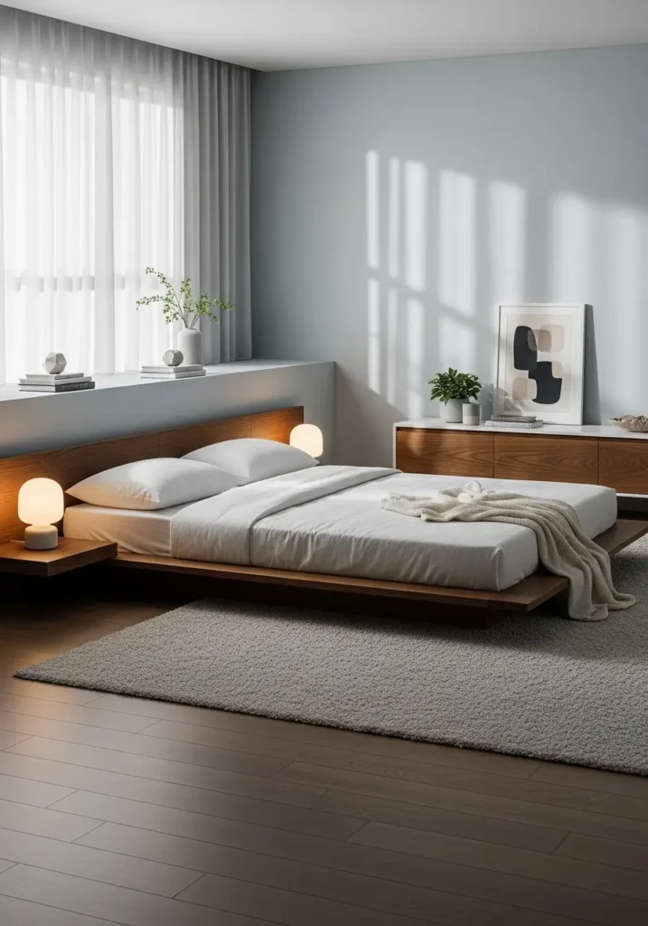 Peaceful minimalist bedroom with low platform bed, soft linen bedding in neutral tones, light wood flooring, sheer curtains filtering morning light, uncluttered bedside table with ceramic lamp, cozy calm atmosphere, Scandinavian interior style, natural textures, warm soft lighting, realistic Pinterest interior photography with serene mood.