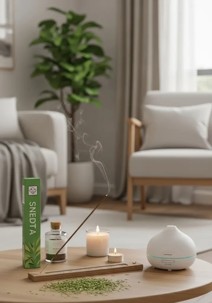 Japanese apartment with incense holder, soft candle glow, essential oil diffuser, minimal decor, neutral tones, low furniture, warm ambient lighting, calm, zen atmosphere, peaceful, and relaxing apartment environment.