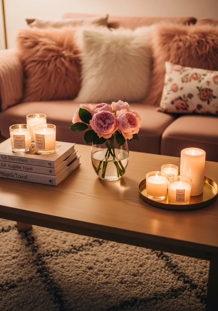 cozy apartment coffee table decorated with candles in glass jars, small stack of books, delicate pink flowers in vase, light wooden table surface, blush sofa in background with fluffy pillows, warm evening lighting filling room, textured rug beneath table, feminine cozy apartment aesthetic with soft glowing atmosphere.