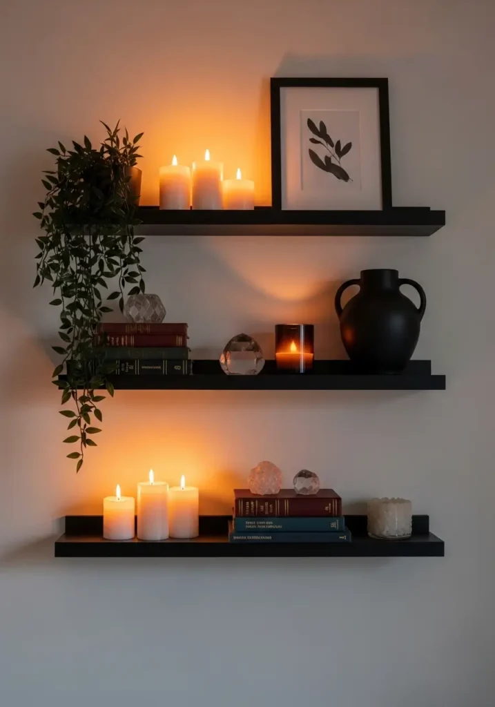 Apartment wall shelf styling with battery candles, stacked vintage books, crystal accents, dark ceramic vase, trailing plant, framed art, warm amber lighting, clean modern apartment decor, tidy shelves, renter friendly styling, subtle mystical charm, cozy evening atmosphere, balanced minimal scene with rich, elegant texture.