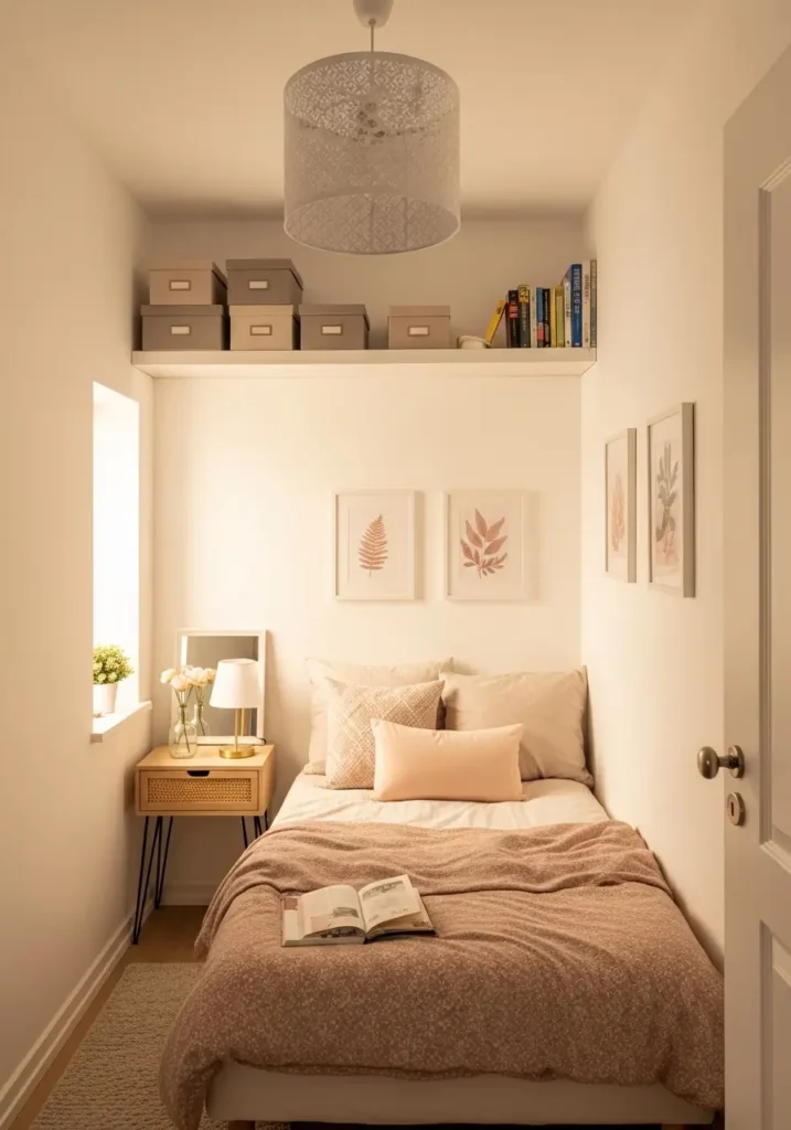 Tiny apartment room with high wall shelf near ceiling line, neatly stored boxes, books, neutral decor, white walls, warm natural light, clean minimal feminine styling, airy organized room mood, realistic modern apartment interior photography.