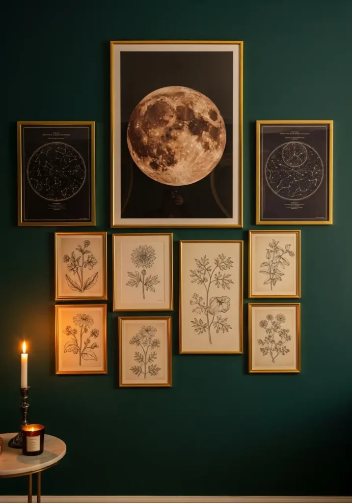 Apartment wall with framed moon art, vintage stars prints, botanical sketches, gold frames, candle glow nearby, clean minimal renter styling, tidy feminine whimsigoth decor, elegant rich tones, subtle magical atmosphere, polished modern apartment scene with warm cozy feeling.