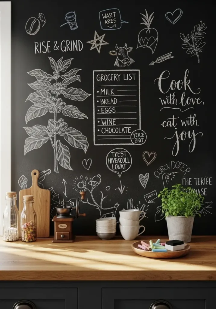 Cozy kitchen corner with chalkboard painted wall filled with handwritten notes and sketches, wooden shelves holding ceramics, warm pendant lighting above the counter, natural daylight creating soft shadows, and Pinterest-style interior photography capturing a welcoming lived-in atmosphere.

