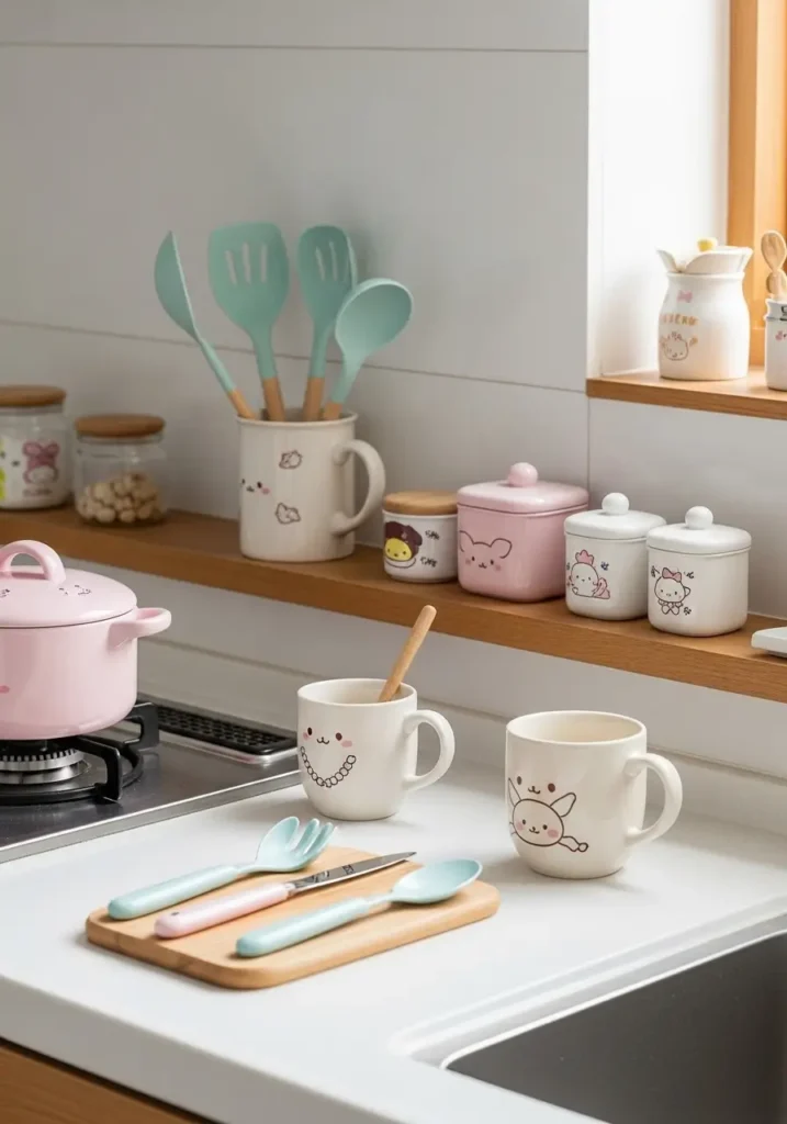 Small kitchen counter with pastel-colored utensils, character-themed mugs, and soft pink containers. Sunlight illuminates the corner, highlighting playful details and creating a cheerful, cozy, and inviting kawaii aesthetic for a compact apartment kitchen.