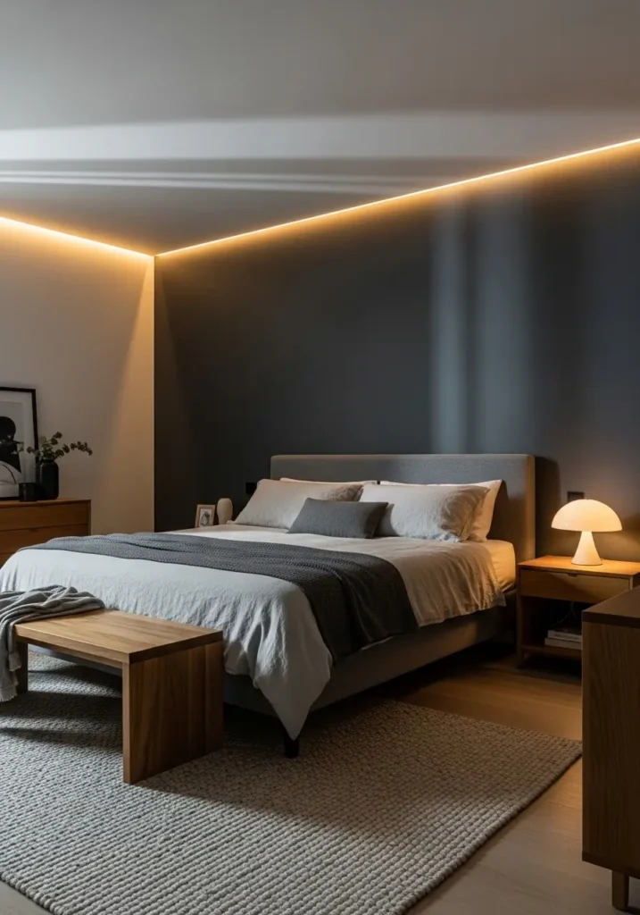 Modern bedroom featuring a charcoal gray accent wall with linen bedding, warm ambient lighting, wooden furniture accents, a textured rug beneath the bed, soft shadows across the space, and Pinterest-style interior photography capturing a cozy, modern luxury atmosphere.

