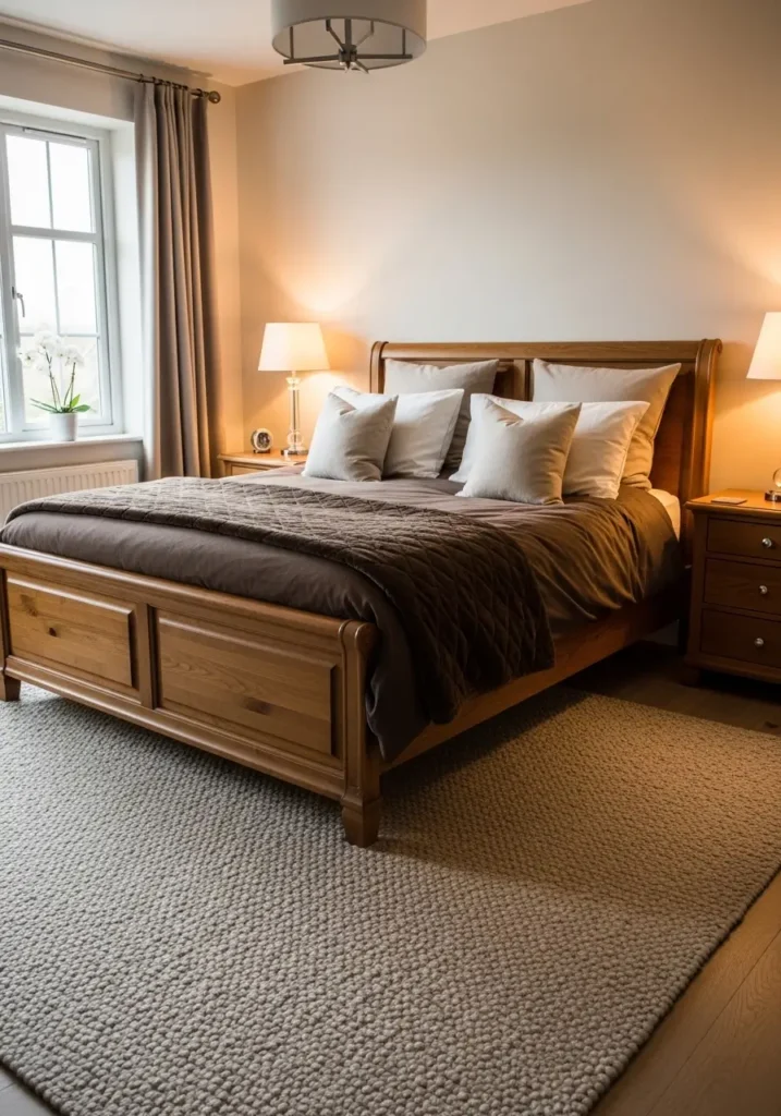 Elegant bedroom featuring chocolate-brown bedding paired with ivory pillows, a wooden bed frame, warm ambient lighting, a textured neutral rug, soft natural daylight entering the space, Pinterest-style interior photography capturing a cozy, refined atmosphere.

