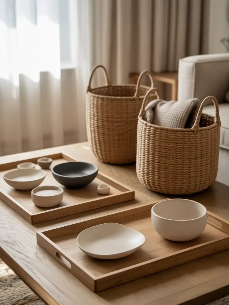 Japandi entryway featuring woven storage baskets, wooden bench, neutral wall tones, ceramic tray decor, soft natural lighting, minimal styling approach, Pinterest-style interior photography capturing practical yet cozy atmosphere.

