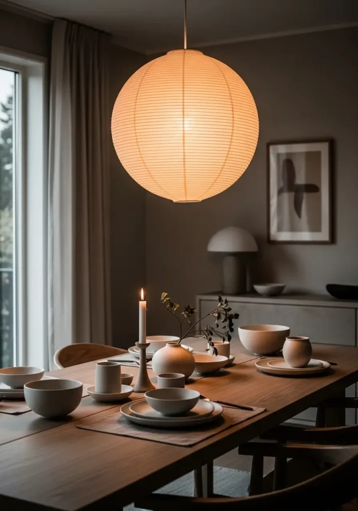 Japandi dining room with paper pendant light glowing warmly above wooden table, neutral decor styling, soft evening lighting, ceramic accessories, minimal composition, Pinterest-style interior photography emphasizing cozy tranquil mood.

