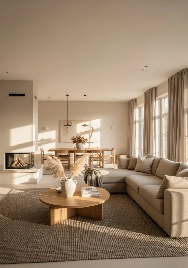 Pinterest-style Japandi living room with warm neutral walls, low linen sofa, wooden coffee table, soft natural daylight entering through sheer curtains, textured rug, ceramic decor pieces, minimal styling, cozy atmosphere, realistic lighting, and shadows creating a calm, peaceful interior mood.

