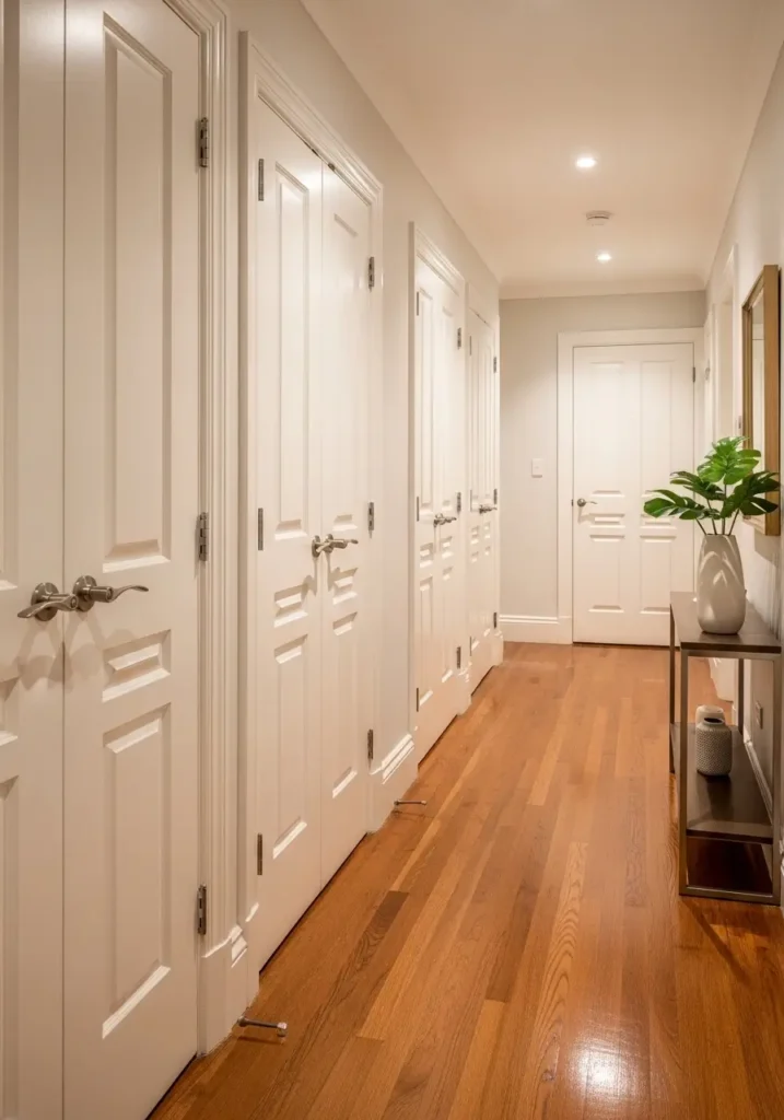 Apartment hallway with clean door handles and doors, bright lighting, polished surfaces reflecting subtle light, tidy and cared-for home interior.