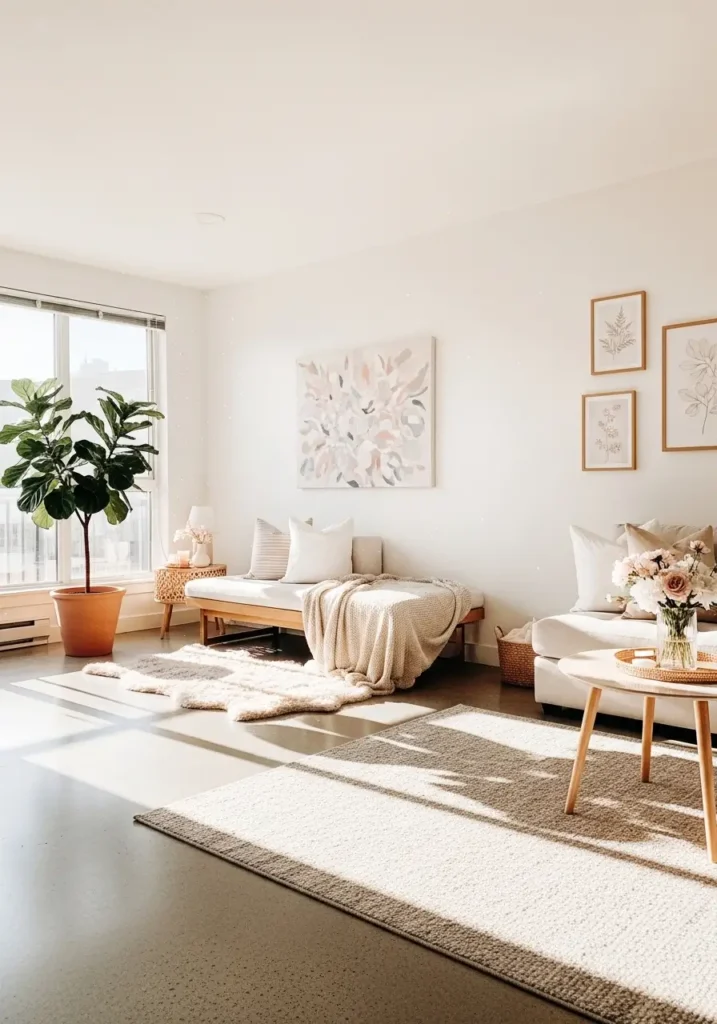 Minimal apartment floor with soft sunlight, clean smooth surface, neutral tones, cozy feminine decor, open space, light reflections on floor, uncluttered environment creating a fresh and airy atmosphere

