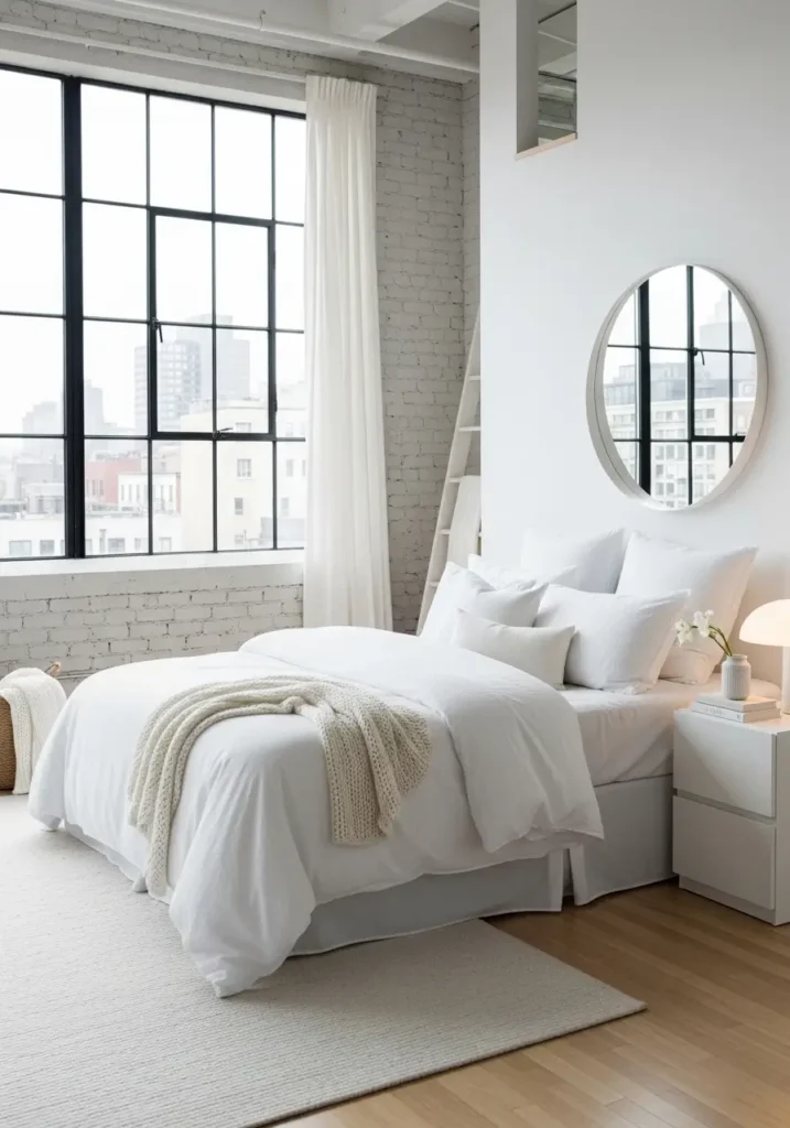 Clean girl style small loft apartment bedroom with fresh white bedding, soft beige accents, tidy layered pillows, sleek wall shelf, warm natural light, compact loft sleeping nook, minimal feminine decor, polished and calm atmosphere, simple beauty, airy textures, neat styling, modern small space charm, restful and elegant bedroom feeling with subtle luxury

