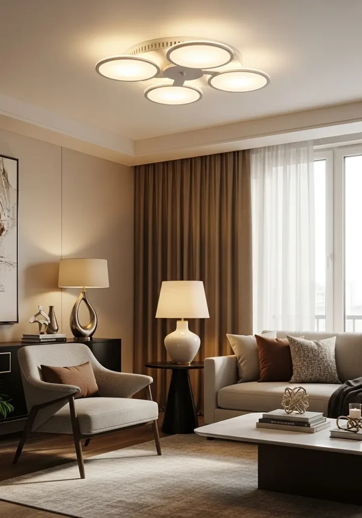 Modern apartment interior with cleaned ceiling light and table lamps, soft glowing light, warm and cozy atmosphere, stylish and polished room aesthetic.