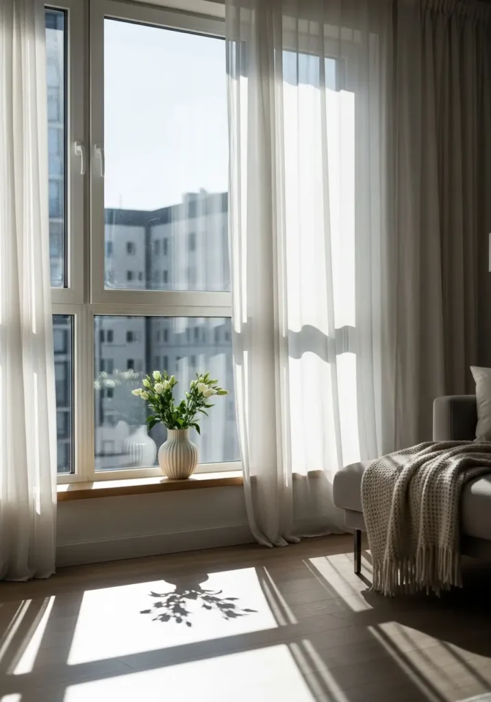 Bright apartment windows with sheer curtains, sunlight pouring in, clean glass reflecting light, minimal decor, neutral tones, cozy feminine vibe, open airy space, soft shadows, modern minimal interior with fresh and clean atmosphere highlighting natural light and clarity

