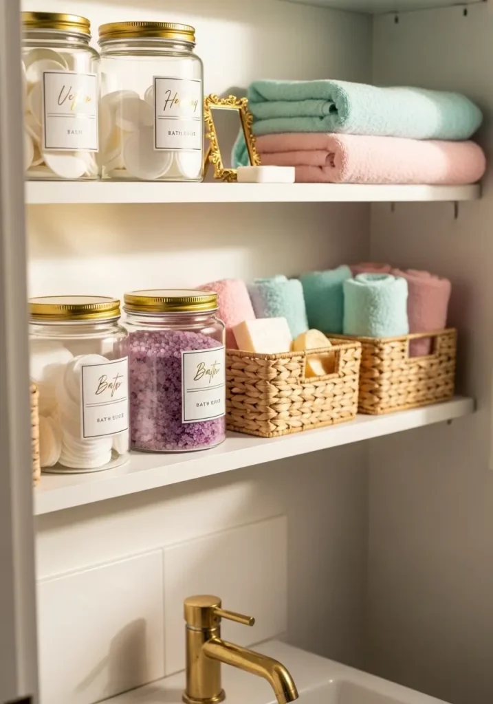 Small girly bathroom shelves with clear jars holding cotton pads and bath salts, woven baskets, folded pastel towels, gold details, neat and cozy organization, apartment bathroom styling, realistic compact space, soft feminine mood, clean decor, warm natural light, photo realistic interior with pretty storage ideas for a tiny bathroom