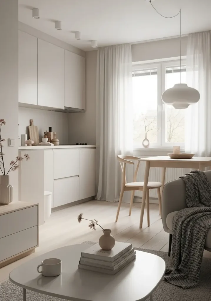 Minimal small apartment interior with clear surfaces, clean tables, neutral tones, soft lighting, organized decor, feminine aesthetic, modern minimal living, uncluttered layout, calm environment, airy space with balanced styling, and cozy feel

