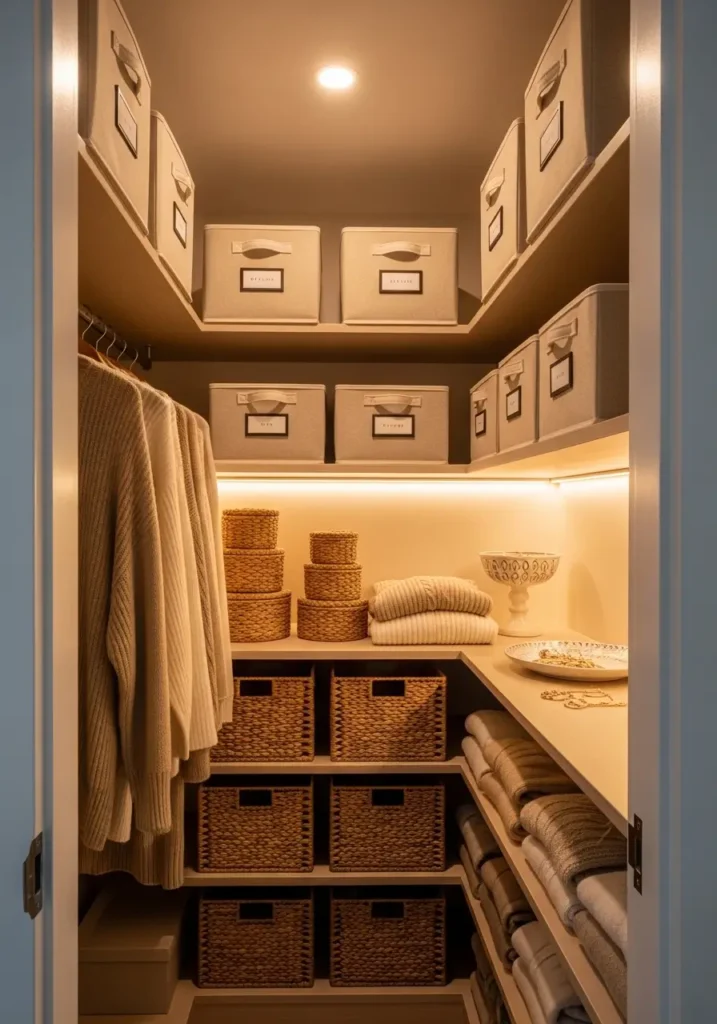 Tiny apartment closet with stacked woven baskets on shelves, folded sweaters, labeled bins, soft beige palette, clean organized wardrobe, warm lighting, feminine minimal style, realistic interior storage scene with calm mood.