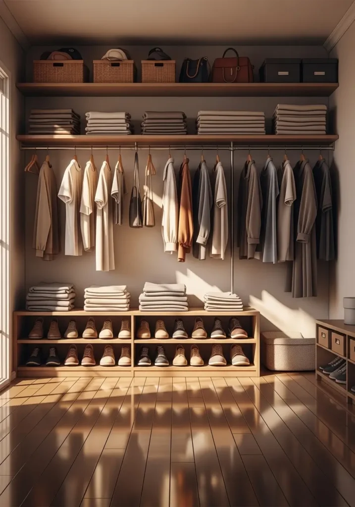 Spacious, organized bedroom closet with neatly folded clothes, shoes arranged on shelves, polished floor, dust-free shelves, clean hanging rods, baskets for accessories, sunlight illuminating interior, warm and inviting, minimalist and functional setup for daily use.