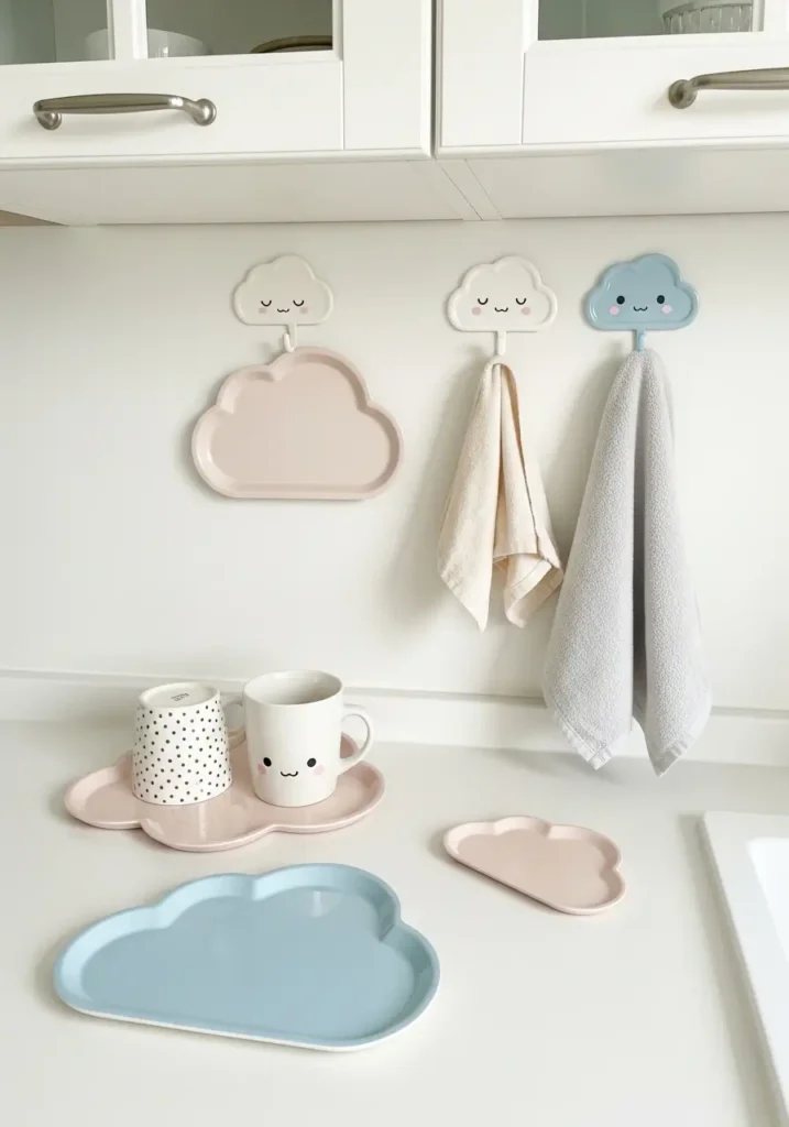 Clean kawaii kitchen with cloud shaped pastel decor, soft white cloud mat, cream counter, blush and blue accents, minimal shelves, gentle sunlight, tidy airy layout, cute feminine styling, dreamy pastel kitchen mood with calm cozy home feeling.