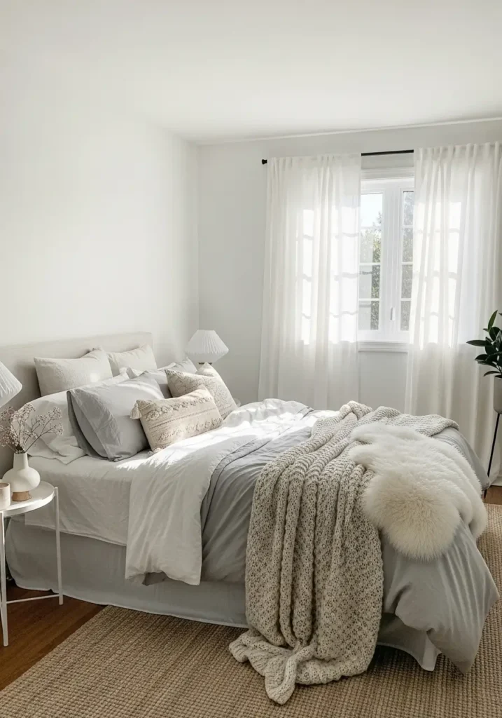 bedroom with cloud white walls, layered soft bedding, textured throws, sheer curtains, warm sunlight, minimalist styling, airy, calm mood, cozy, feminine atmosphere, realistic lighting, and balanced composition.