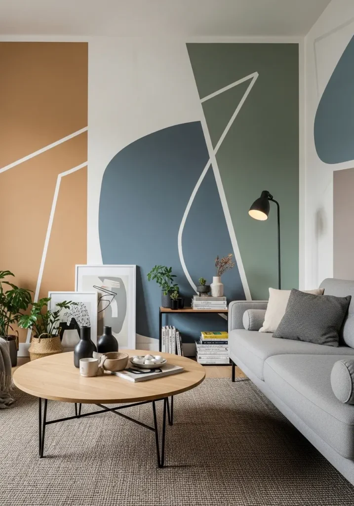 Modern bedroom with geometric color block wall in terracotta, blush pink, and cream shades, wooden bed frame with linen bedding layers, natural sunlight entering through wide window, soft textured throw blanket, minimal decor accents, Pinterest-inspired interior photography with warm, balanced lighting.