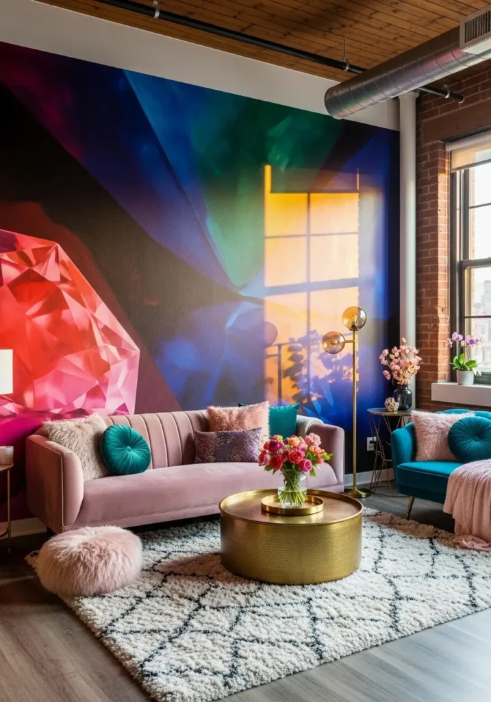 Loft apartment with a bold accent wall, rich jewel tones, a feminine color palette, warm light reflecting off the colorful wall, modern decor with soft textures, a stylish space with a playful mood, and a vibrant yet cozy atmosphere.