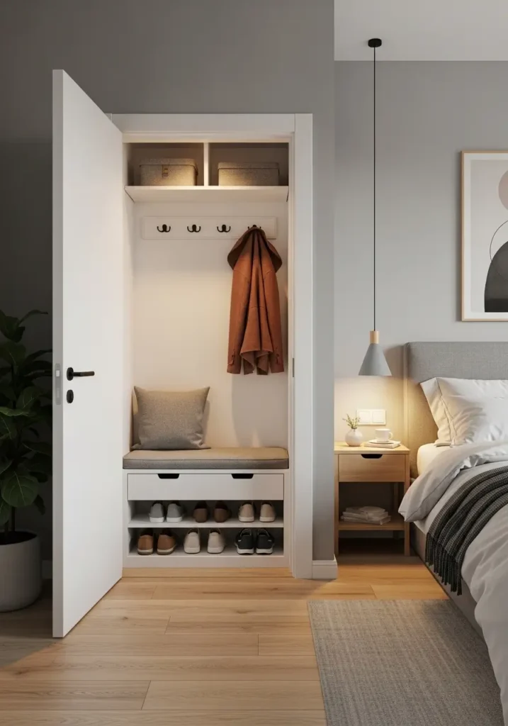 Small apartment entryway featuring a white compact bench with hidden storage compartments, soft cushion on top, neatly stored shoes inside, simple hooks above for jackets, warm cozy lighting, modern minimalist aesthetic.