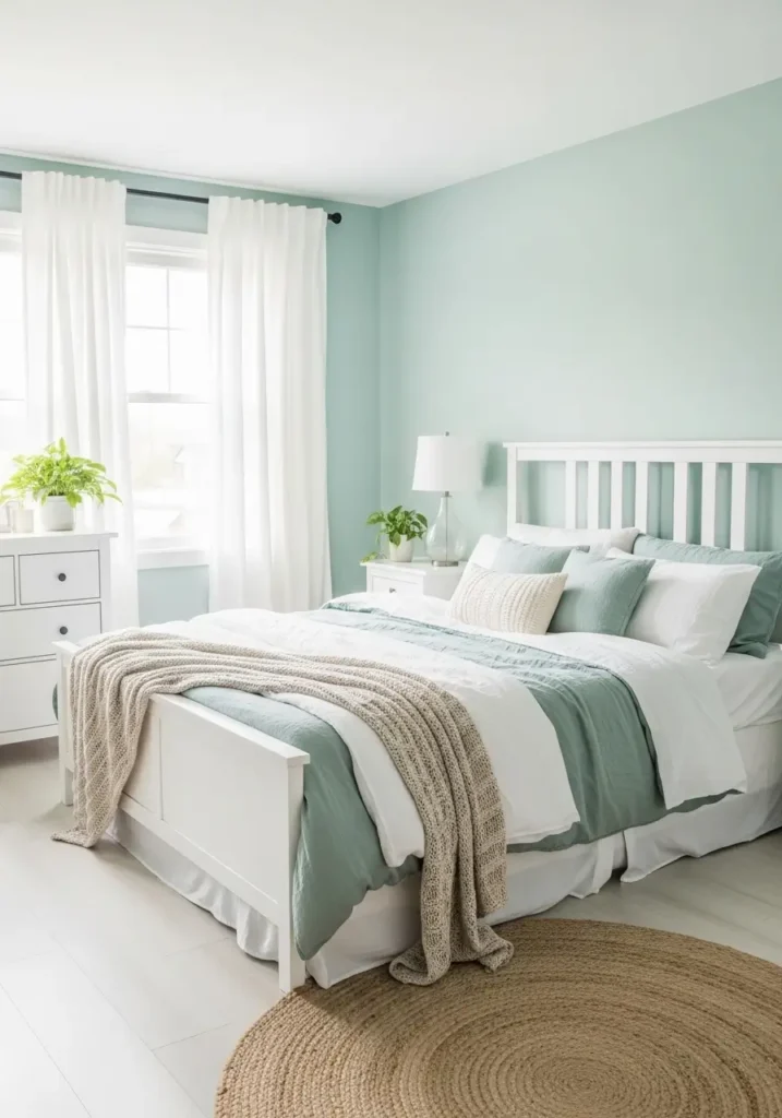 mint bedroom with airy curtains, white furniture, layered bedding, soft natural light, cozy textures, fresh calming atmosphere, realistic interior photography with soft pastel tones, and a serene mood.