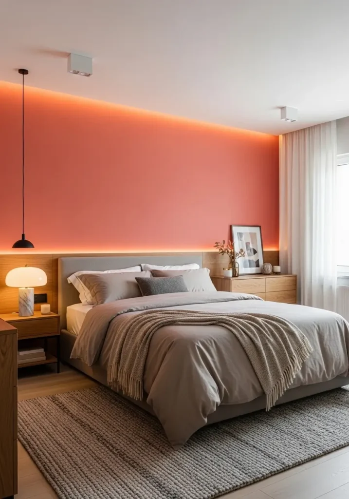 Modern bedroom with coral accent wall behind neutral bed, beige bedding layers, wooden furniture accents, warm ambient lighting, textured rug beneath bed, soft daylight entering through window, Pinterest-style interior photography capturing calm, stylish atmosphere.

