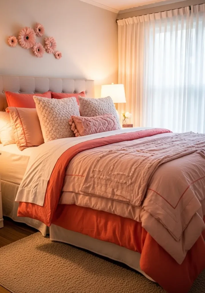 Pinterest-style bedroom featuring coral and blush layered bedding, soft textured pillows, upholstered headboard, warm bedside lighting glow, sheer curtains filtering natural daylight, plush rug texture, realistic interior photography capturing dreamy feminine atmosphere with cozy warmth.

