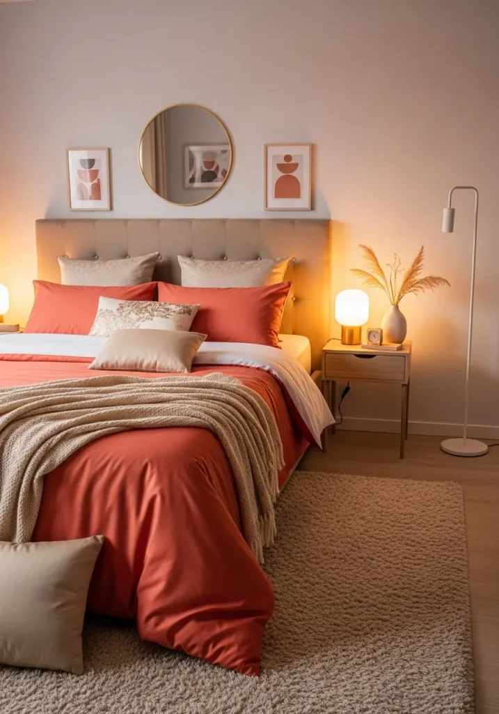 Pinterest-style bedroom with coral bedding paired with champagne beige accents, plush rug texture, upholstered headboard, warm evening lighting glow, natural daylight softening tones, realistic interior photography capturing cozy elegant atmosphere.

