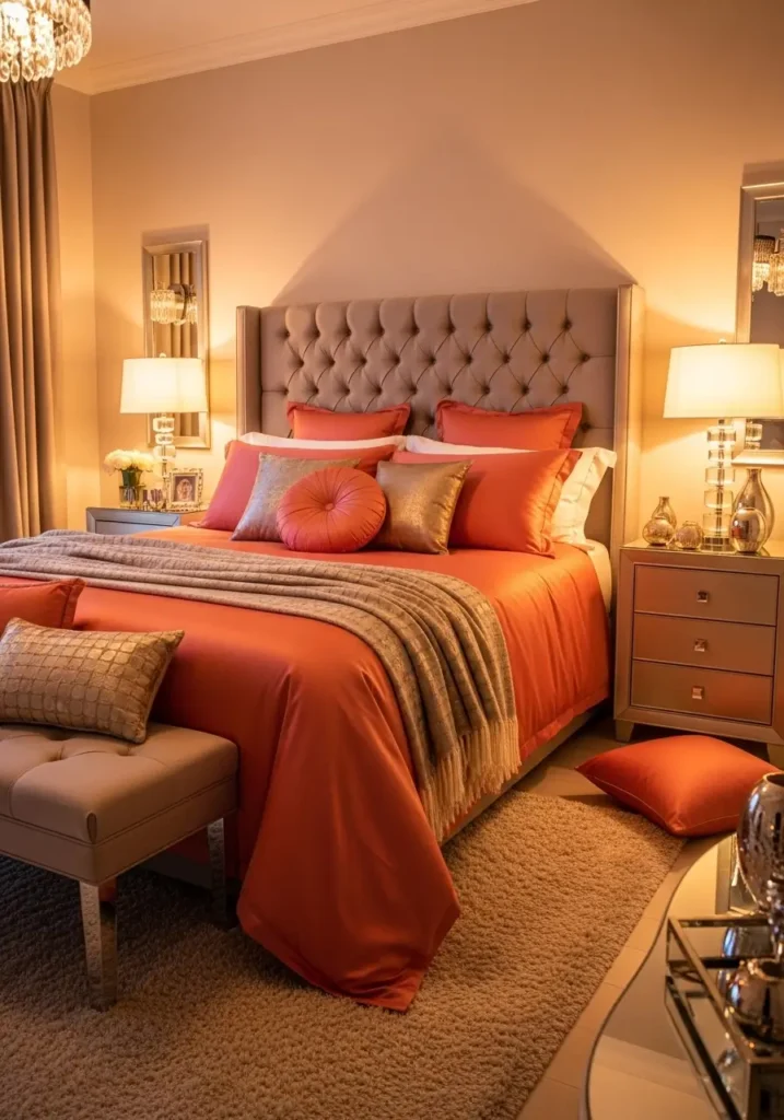 Sophisticated bedroom featuring coral bedding with champagne-toned decor accents, soft ambient lighting, plush rug texture, upholstered headboard, warm evening glow, Pinterest-style interior photography capturing cozy, elegant atmosphere with soft reflective warmth.

