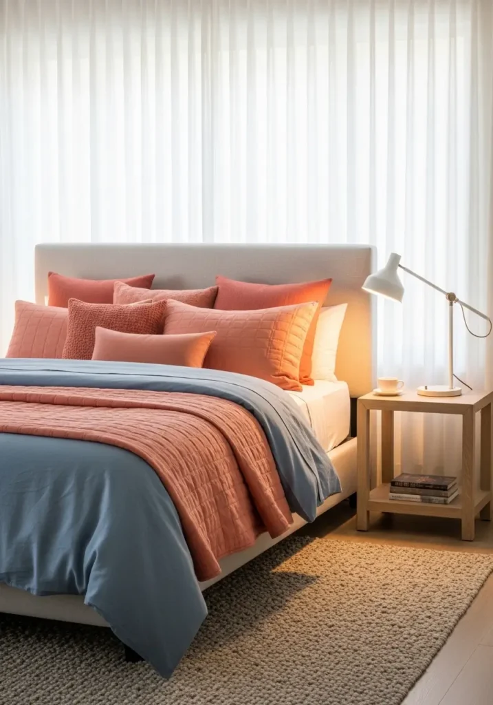 Pinterest-style bedroom featuring coral pillows layered with dusty blue bedding, upholstered headboard, warm bedside lighting, textured neutral rug beneath bed, soft daylight filtering through curtains, realistic interior photography capturing calm balanced atmosphere with cozy modern styling.

