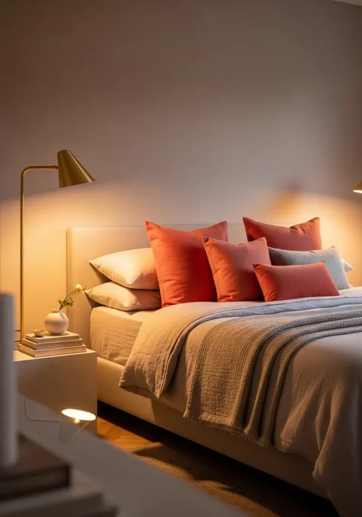 Elegant coral bedroom featuring coral cushions, gold bedside lamp, soft neutral bedding, layered textiles, warm evening lighting glow, minimal decor styling, Pinterest-style interior photography showing cozy luxurious ambiance with soft reflective details.

