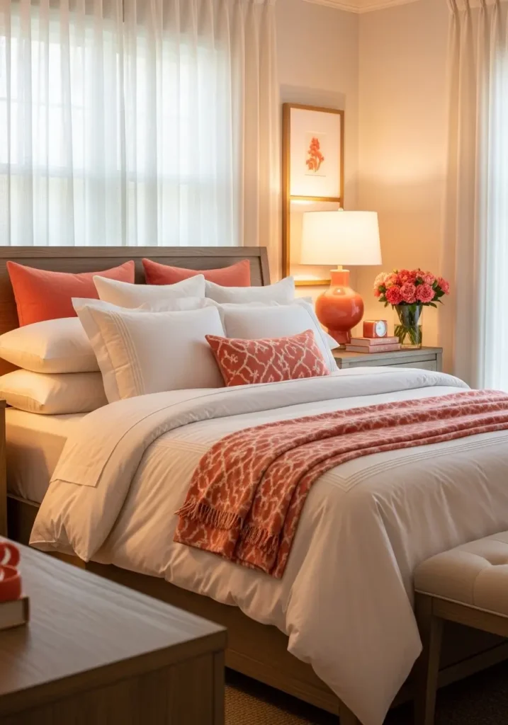 Elegant bedroom styled with coral accents and ivory bedding layers, wooden furniture textures, warm ambient lighting, soft natural daylight entering through sheer curtains, Pinterest-style interior photography capturing serene cozy atmosphere with gentle luxury feel.

