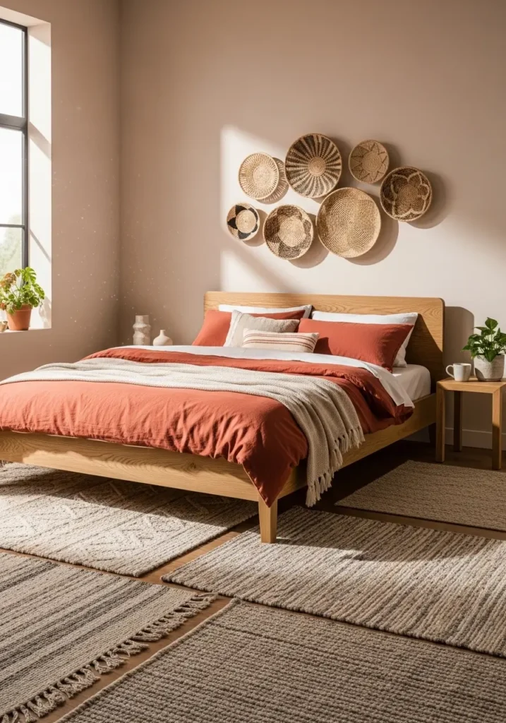 Pinterest-style bedroom with coral bedding and light oak bed frame, woven decor accents, warm natural sunlight entering room, textured rug layers, minimal styling, realistic interior photography capturing peaceful organic atmosphere with cozy warmth.

