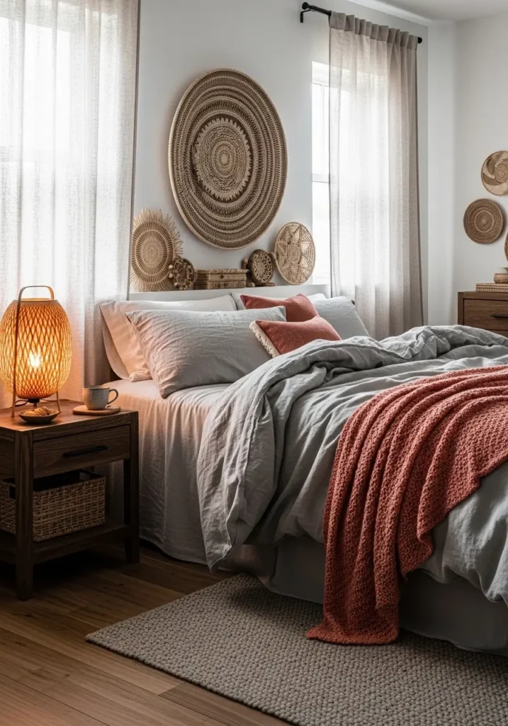 Cozy bedroom styled with coral throw blanket over linen bedding, wooden nightstand accents, woven decor pieces, warm sunlight diffused through sheer curtains, Pinterest-style interior photography capturing relaxed natural atmosphere with soft layered textures.

