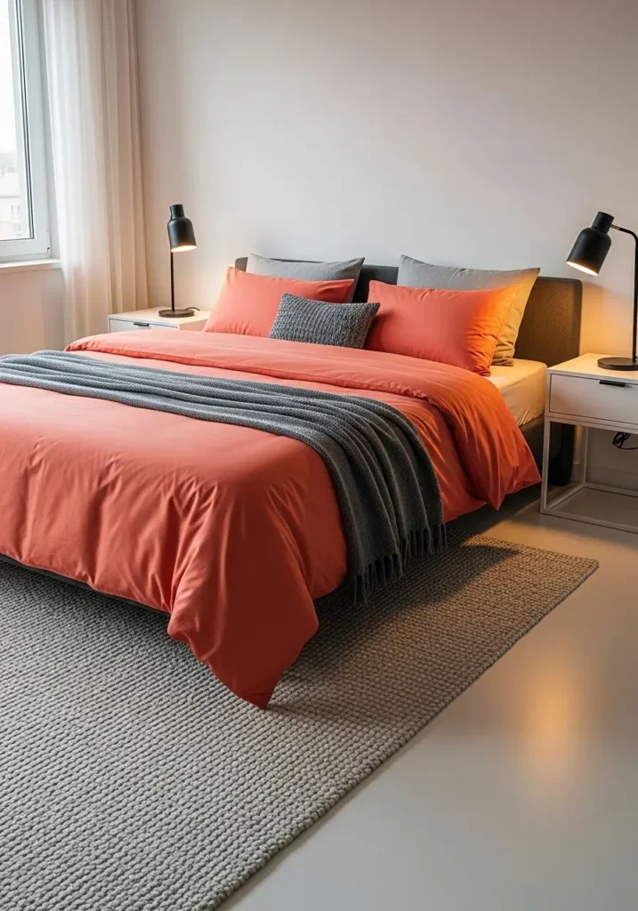 Modern bedroom featuring coral bedding with matte black lamp accents, minimalist furniture styling, textured rug beneath bed, warm lighting glow, natural daylight softening contrast, Pinterest-style interior photography capturing cozy modern elegance.

