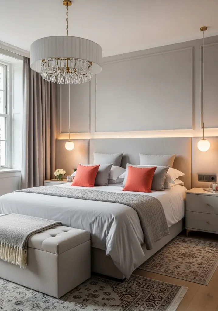 Elegant bedroom featuring coral cushions on pale gray bedding, soft upholstered headboard, warm ambient lighting glow, textured rug layers, natural daylight illuminating soft tones, Pinterest-style interior photography capturing calm modern elegance.

