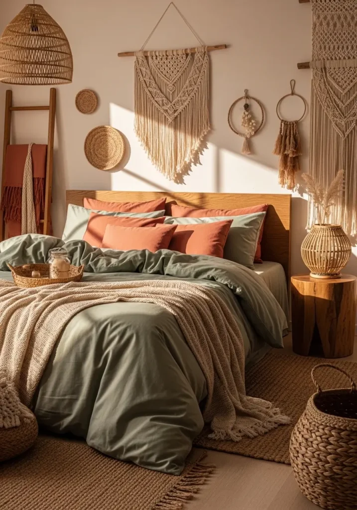 Pinterest-style bedroom featuring coral pillows with sage green bedding, wooden accents, woven decor elements, sunlight illuminating soft textures, cozy layered fabrics, realistic interior photography capturing calm organic atmosphere with warm natural styling.

