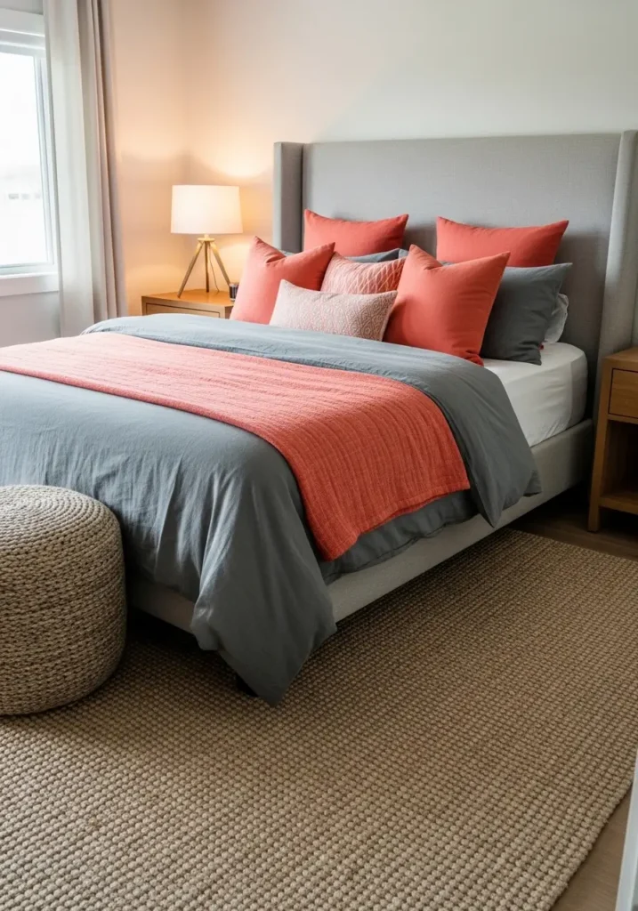 Stylish bedroom featuring coral throw pillows on gray bedding, upholstered headboard, warm ambient lighting, textured rug, soft natural daylight entering space, Pinterest-style interior photography capturing modern cozy atmosphere.

