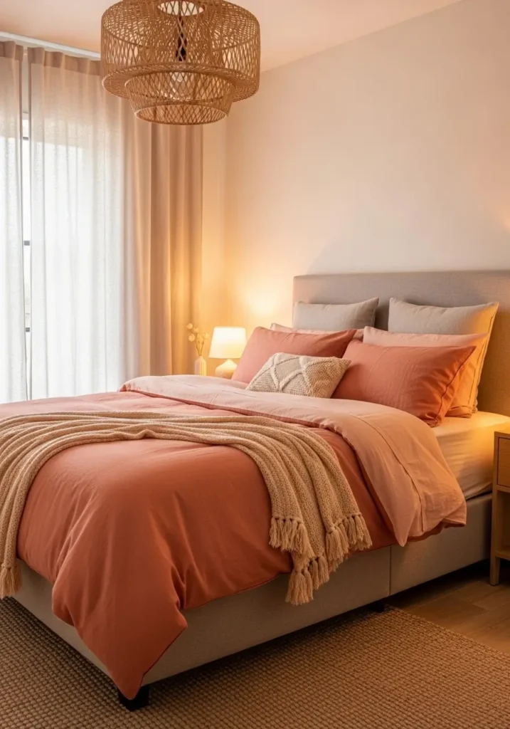 Pinterest-style bedroom featuring coral and peach layered bedding, upholstered headboard, warm bedside lamps casting soft glow, linen curtains diffusing sunlight, woven rug texture beneath bed, realistic interior photography capturing dreamy warm feminine atmosphere with cozy balanced styling.

