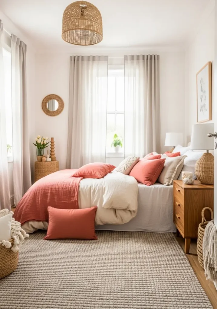 Bright bedroom featuring coral cushions layered over warm white bedding, soft linen curtains glowing with daylight, neutral rug texture, wooden decor accents, Pinterest-style interior photography capturing airy cozy atmosphere with gentle warmth.

