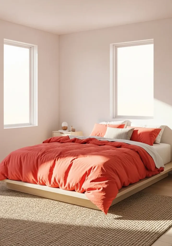 Minimal bedroom styled with coral duvet cover against white walls, simple wooden furniture, soft sunlight entering through large windows, neutral rug beneath bed, clean cozy styling, Pinterest-style interior photography capturing bright calm atmosphere with modern warmth.


