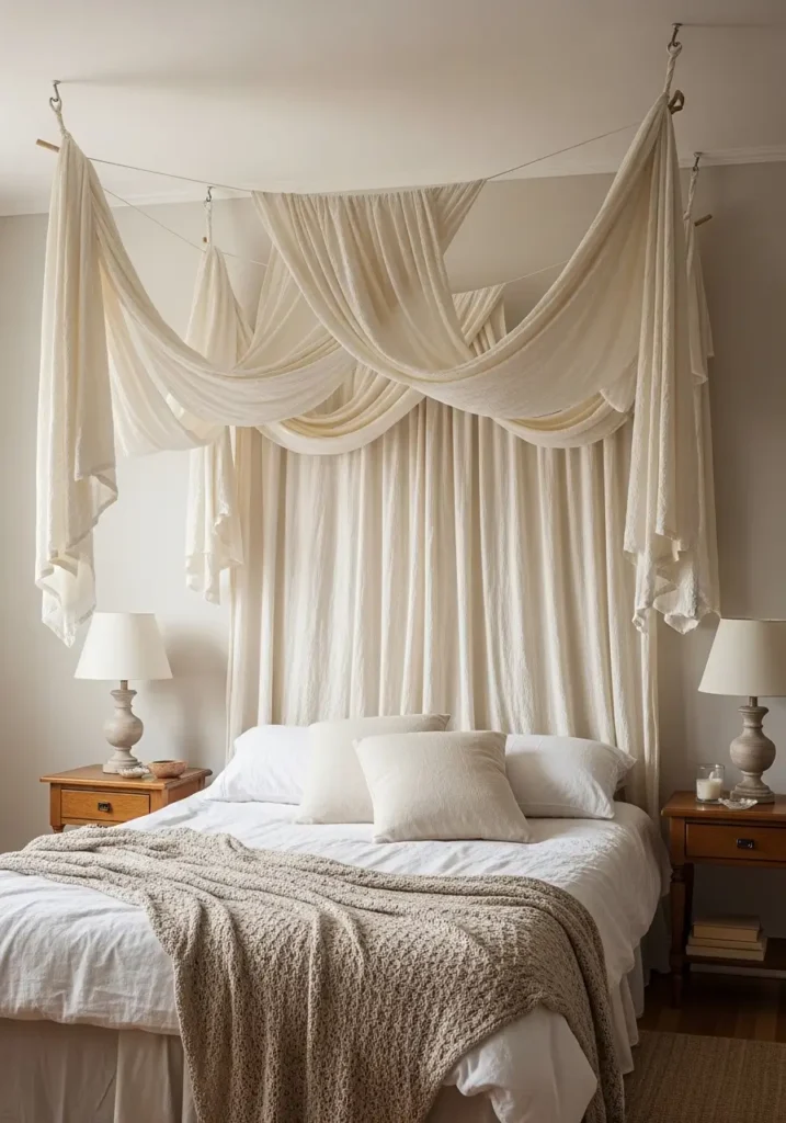 Minimal cottagecore bedroom with light cotton canopy draped above bed, ivory linen bedding, warm morning light, pale walls, wooden side table, tiny flowers in vase, airy uncluttered feminine styling, realistic flowing fabric, soft romantic mood, peaceful shadows, natural textures.