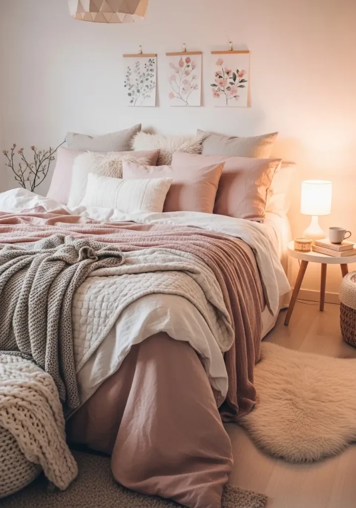 cozy girly apartment bedroom featuring layered blankets in blush pink, cream, and soft beige tones, fluffy pillows arranged across bed, warm bedside lamp lighting, delicate wall art above headboard, knit throw blanket folded casually, soft rug beside bed, warm peaceful bedroom atmosphere with feminine decor and natural textures.