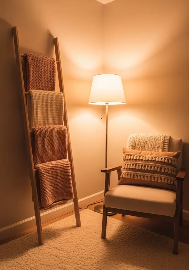 cozy apartment corner featuring wooden blanket ladder leaning against neutral wall, soft knit blankets in blush pink and cream hanging from ladder rungs, fluffy rug beneath ladder, warm floor lamp lighting corner softly, nearby armchair with pillow, feminine cozy apartment aesthetic with warm evening atmosphere.