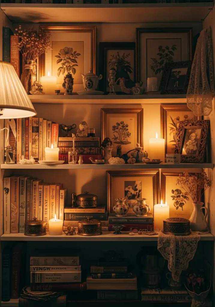 Vintage styled apartment living room bookshelf with old finds, candles, worn books, framed art, tiny trinkets, warm feminine decor, cozy and nostalgic mood, small apartment charm, layered shelves, soft lamp light, collected antique inspired styling, inviting room feeling, romantic home atmosphere with thoughtful details and timeless beauty