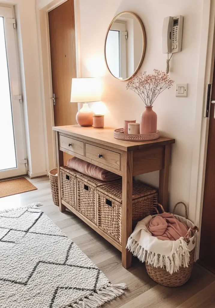 Cute girly apartment entryway with woven basket storage beneath small wooden console table, soft pink decor accents on tabletop, warm table lamp lighting hallway softly, small mirror above console, cozy textured rug near doorway, feminine apartment decor styled