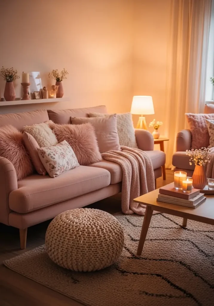 cozy girly apartment living room with chunky knit pouf in soft cream color placed near blush pink sofa, fluffy pillows layered on couch, warm table lamp glowing beside sofa, textured area rug under furniture, light wooden coffee table with candles and books, soft evening lighting, feminine apartment decor with warm cozy atmosphere and realistic interior photography style.